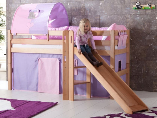 Hochbett ELIYAS Kinderbett mit Rutsche Spielbett Bett Natur Stoffset Lila/Rosa - Froschkönig24