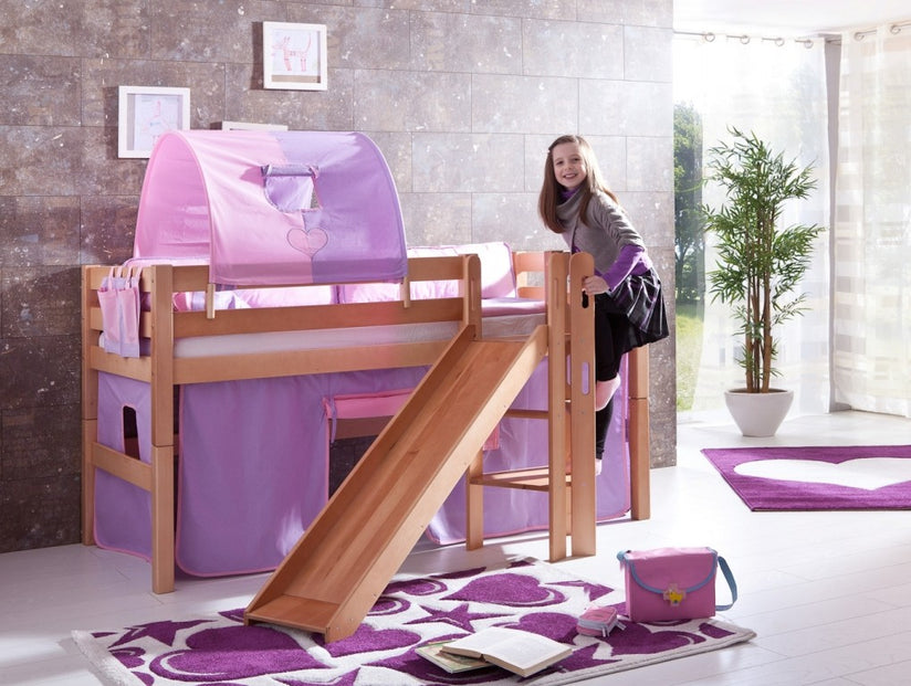 Hochbett ELIYAS Kinderbett mit Rutsche Spielbett Bett Natur Stoffset Lila/Rosa - Froschkönig24