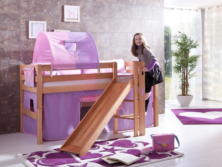 Hochbett ELIYAS Kinderbett mit Rutsche Spielbett Bett Natur Stoffset Lila/Rosa - Froschkönig24