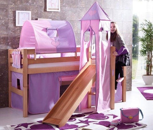 Hochbett ELIYAS Kinderbett mit Rutsche Spielbett Bett Natur Stoffset Lila/Rosa - Froschkönig24