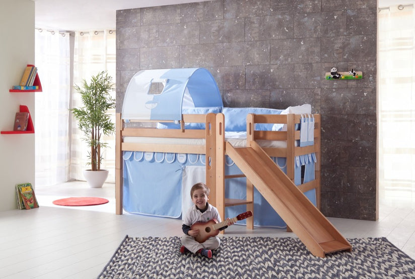 Hochbett ELIYAS Kinderbett mit Rutsche Spielbett Bett Natur Stoffset Blau/Boy - Froschkönig24