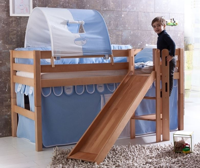 Hochbett ELIYAS Kinderbett mit Rutsche Spielbett Bett Natur Stoffset Blau/Boy - Froschkönig24