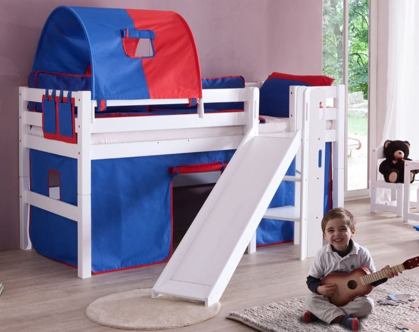 Hochbett ELIYAS Kinderbett mit Rutsche Spielbett Bett Weiß Stoffset Blau/Rot - Froschkönig24