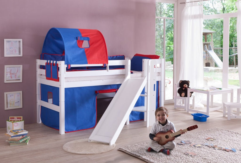 Hochbett ELIYAS Kinderbett mit Rutsche Spielbett Bett Weiß Stoffset Blau/Rot - Froschkönig24