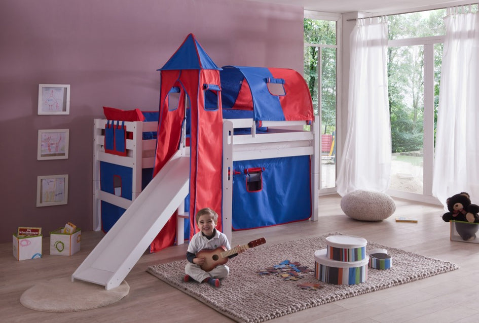 Hochbett ELIYAS Kinderbett mit Rutsche Spielbett Bett Weiß Stoffset Blau/Rot - Froschkönig24