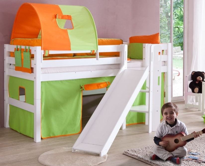 Hochbett ELIYAS Kinderbett mit Rutsche Spielbett Bett Weiß Stoffset Grün/Orange - Froschkönig24