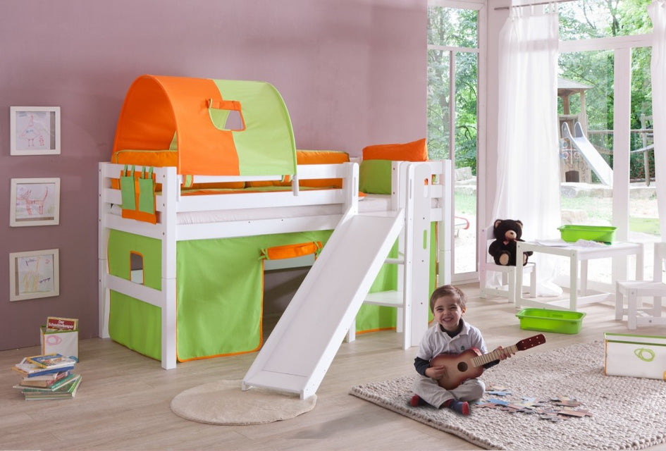 Hochbett ELIYAS Kinderbett mit Rutsche Spielbett Bett Weiß Stoffset Grün/Orange - Froschkönig24