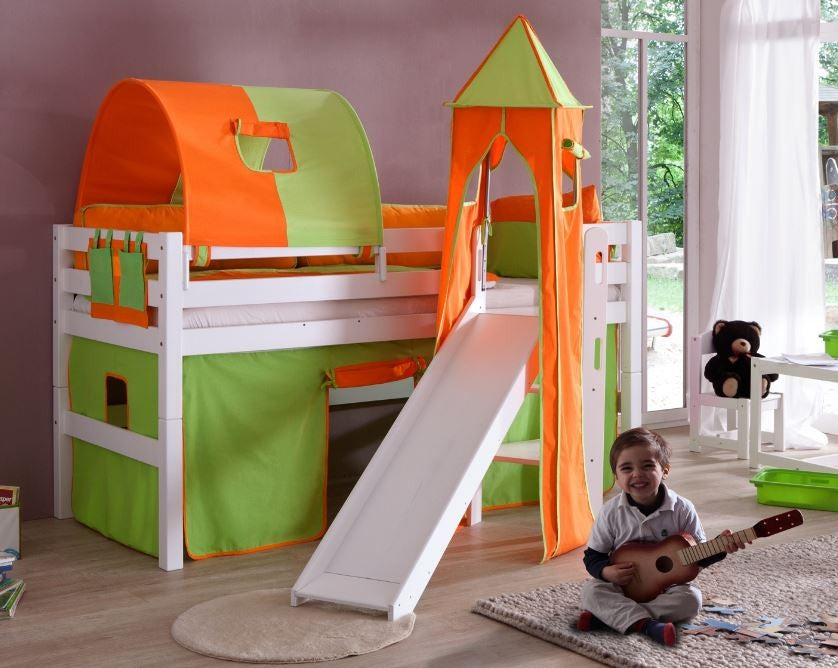 Hochbett ELIYAS Kinderbett mit Rutsche Spielbett Bett Weiß Stoffset Grün/Orange - Froschkönig24