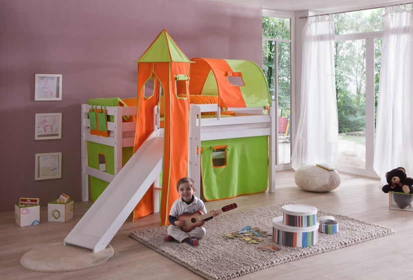 Hochbett ELIYAS Kinderbett mit Rutsche Spielbett Bett Weiß Stoffset Grün/Orange - Froschkönig24