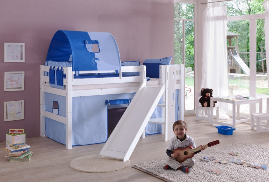 Hochbett ELIYAS Kinderbett mit Rutsche Spielbett Bett Weiß Stoffset Blau/Delfin - Froschkönig24