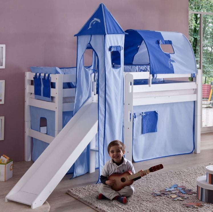 Hochbett ELIYAS Kinderbett mit Rutsche Spielbett Bett Weiß Stoffset Blau/Delfin - Froschkönig24