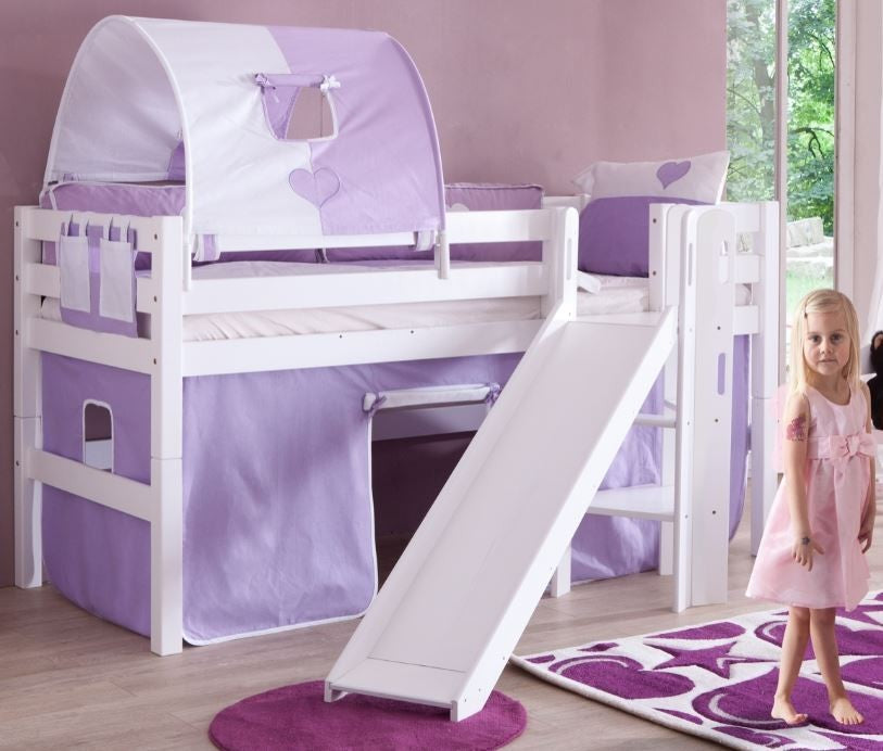 Hochbett ELIYAS Kinderbett mit Rutsche Spielbett Bett Weiß Stoffset Lila/Weiß - Froschkönig24