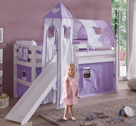 Hochbett ELIYAS Kinderbett mit Rutsche Spielbett Bett Weiß Stoffset Lila/Weiß - Froschkönig24