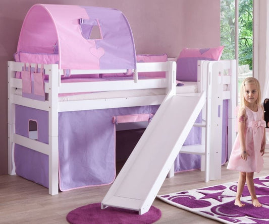 Hochbett ELIYAS Kinderbett mit Rutsche Spielbett Bett Weiß Stoffset Lila/Rosa - Froschkönig24