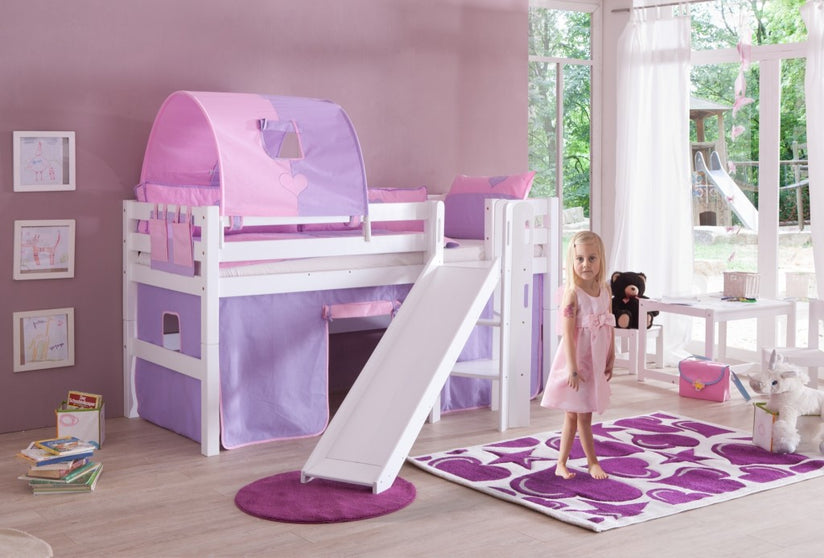 Hochbett ELIYAS Kinderbett mit Rutsche Spielbett Bett Weiß Stoffset Lila/Rosa - Froschkönig24