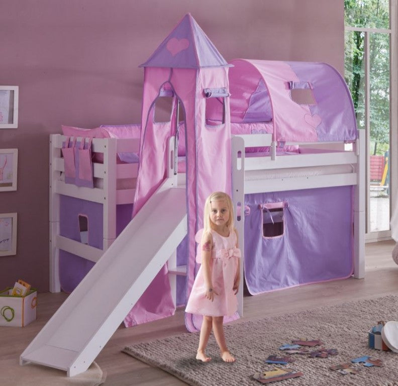 Hochbett ELIYAS Kinderbett mit Rutsche Spielbett Bett Weiß Stoffset Lila/Rosa - Froschkönig24