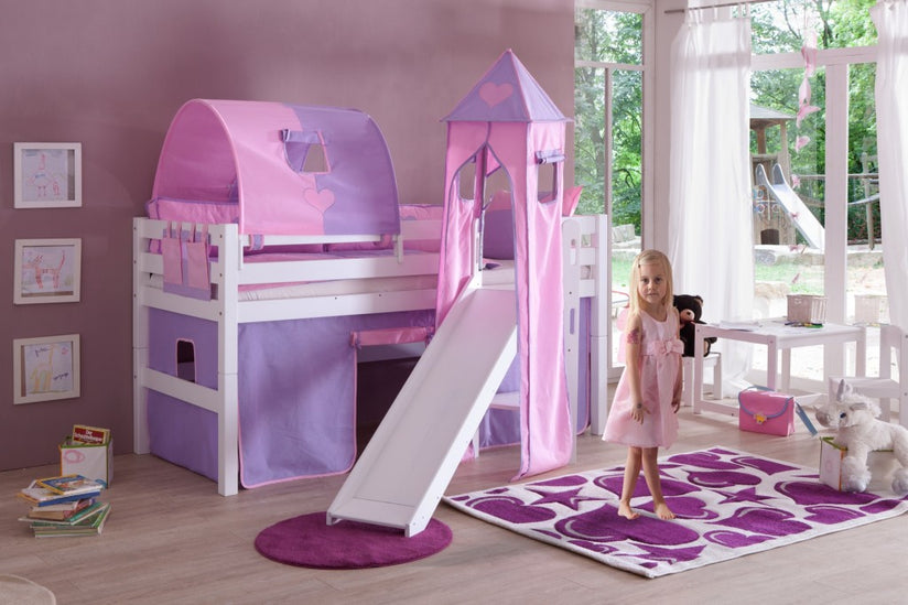 Hochbett ELIYAS Kinderbett mit Rutsche Spielbett Bett Weiß Stoffset Lila/Rosa - Froschkönig24