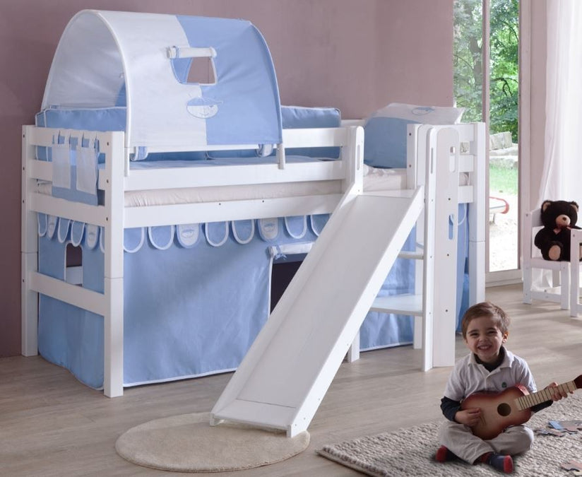 Hochbett ELIYAS Kinderbett mit Rutsche Spielbett Bett Weiß Stoffset Blau/Boy - Froschkönig24