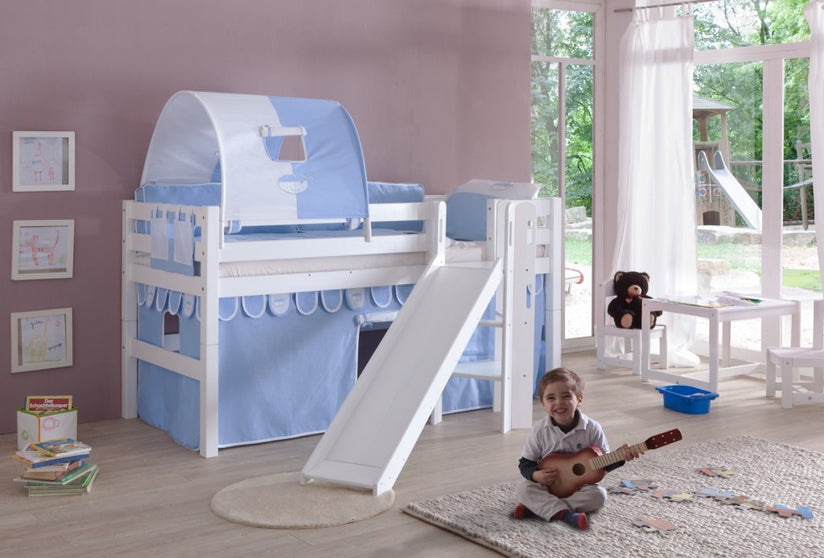 Hochbett ELIYAS Kinderbett mit Rutsche Spielbett Bett Weiß Stoffset Blau/Boy - Froschkönig24