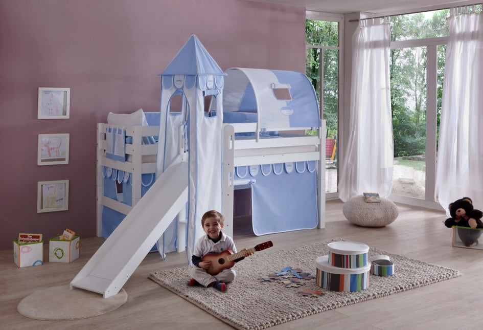 Hochbett ELIYAS Kinderbett mit Rutsche Spielbett Bett Weiß Stoffset Blau/Boy - Froschkönig24