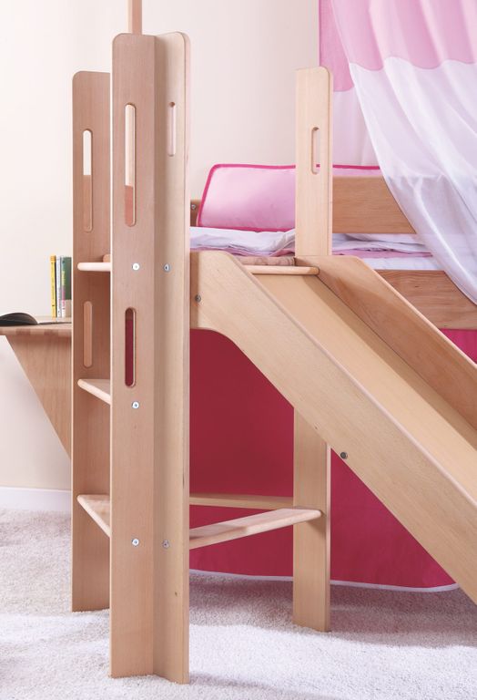 Hochbett LEO Kinderbett mit Rutsche Spielbett Bett Natur geölt Stoffset Prinzessin - Froschkönig24