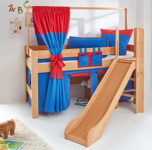 Hochbett LEO Kinderbett mit Rutsche Spielbett Bett Natur geölt Stoffset Blau/Rot - Froschkönig24