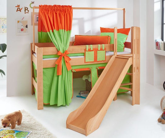 Hochbett LEO Kinderbett mit Rutsche Spielbett Bett Natur geölt Grün/Orange - Froschkönig24