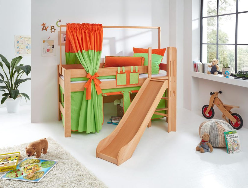 Hochbett LEO Kinderbett mit Rutsche Spielbett Bett Natur geölt Grün/Orange - Froschkönig24