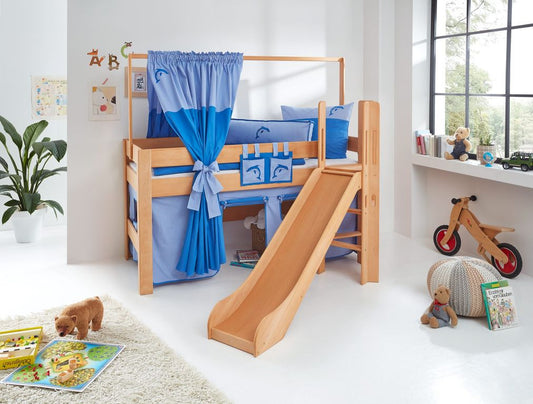 Hochbett LEO Kinderbett mit Rutsche Spielbett Bett Natur geölt Blau/Delfin - Froschkönig24