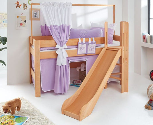 Hochbett LEO Kinderbett mit Rutsche Spielbett Bett Natur geölt Lila/Weiß - Froschkönig24