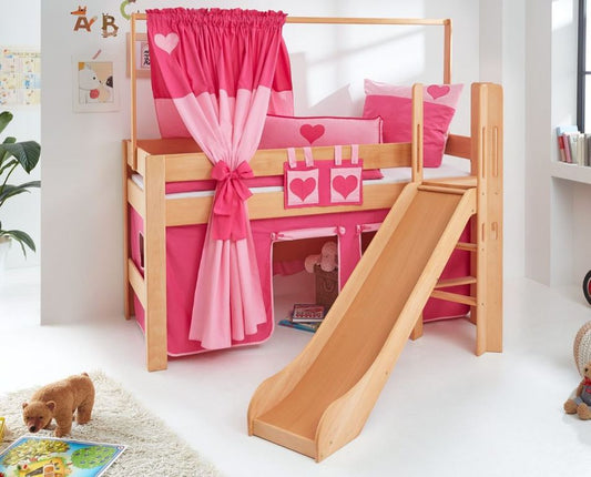 Hochbett LEO Kinderbett mit Rutsche Spielbett Bett Natur geölt Stoffset Pink/Herz - Froschkönig24