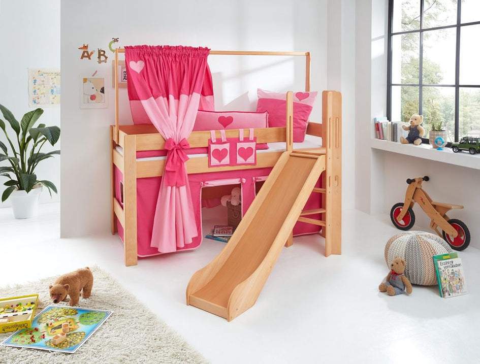 Hochbett LEO Kinderbett mit Rutsche Spielbett Bett Natur geölt Stoffset Pink/Herz - Froschkönig24