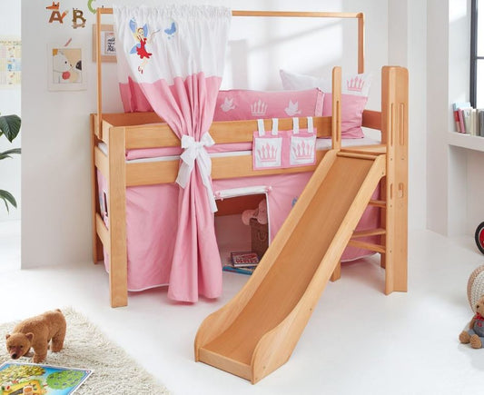 Hochbett LEO Kinderbett mit Rutsche Spielbett Bett Natur geölt Stoffset Prinzessin - Froschkönig24