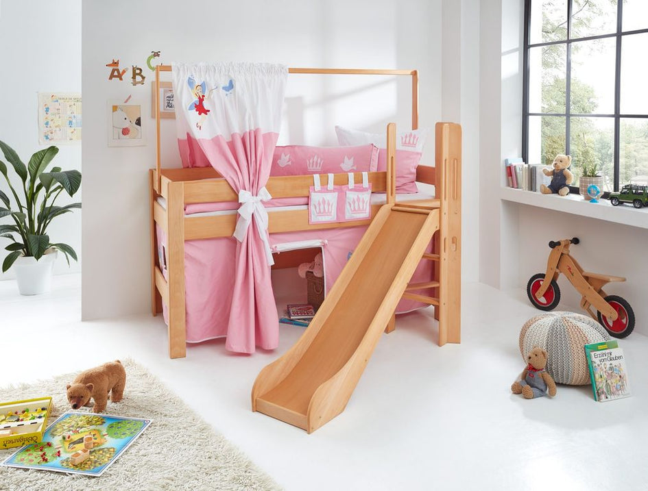 Hochbett LEO Kinderbett mit Rutsche Spielbett Bett Natur geölt Stoffset Prinzessin - Froschkönig24