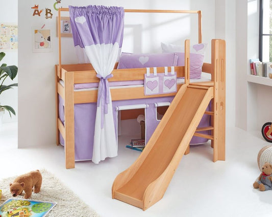 Hochbett LEO Kinderbett mit Rutsche Spielbett Bett Natur geölt Lila/Weiß/Herz - Froschkönig24