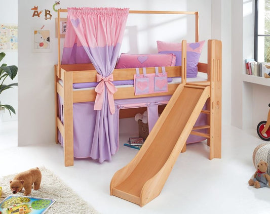 Hochbett LEO Kinderbett mit Rutsche Spielbett Bett Natur geölt Lila/Rosa/Herz - Froschkönig24