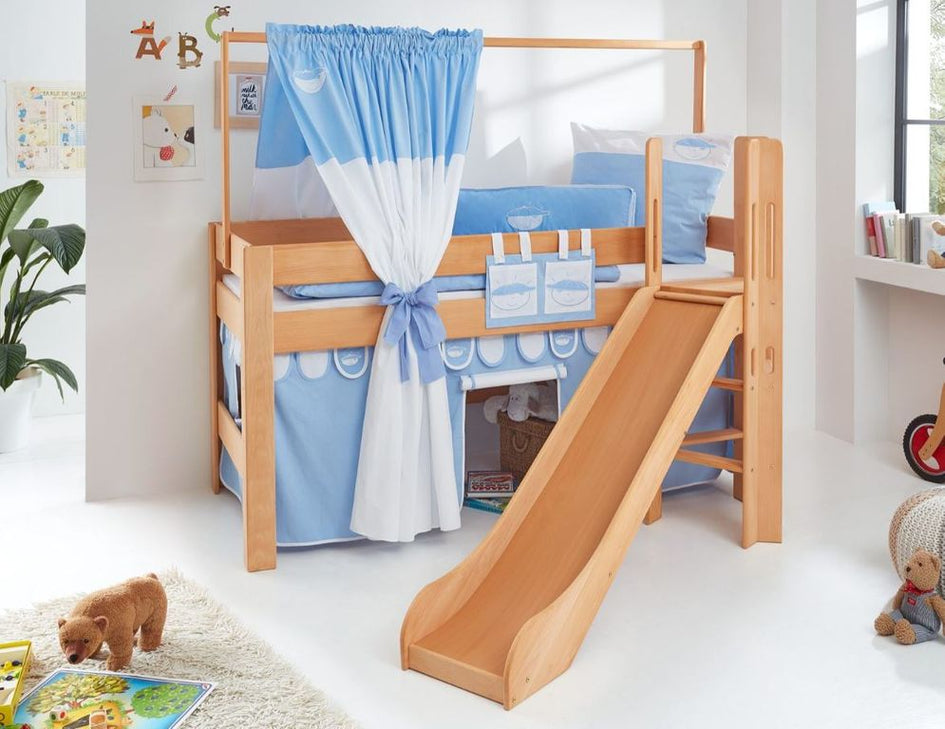 Hochbett LEO Kinderbett mit Rutsche Spielbett Bett Natur geölt Stoffset Blau/Boy - Froschkönig24