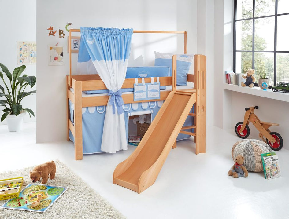 Hochbett LEO Kinderbett mit Rutsche Spielbett Bett Natur geölt Stoffset Blau/Boy - Froschkönig24