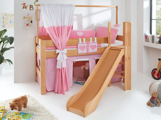 Hochbett LEO Kinderbett mit Rutsche Spielbett Bett Natur geölt Rosa/Weiß/Herz - Froschkönig24