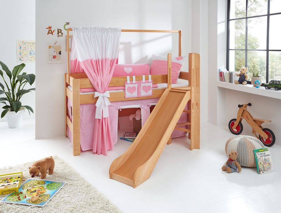 Hochbett LEO Kinderbett mit Rutsche Spielbett Bett Natur geölt Rosa/Weiß/Herz - Froschkönig24