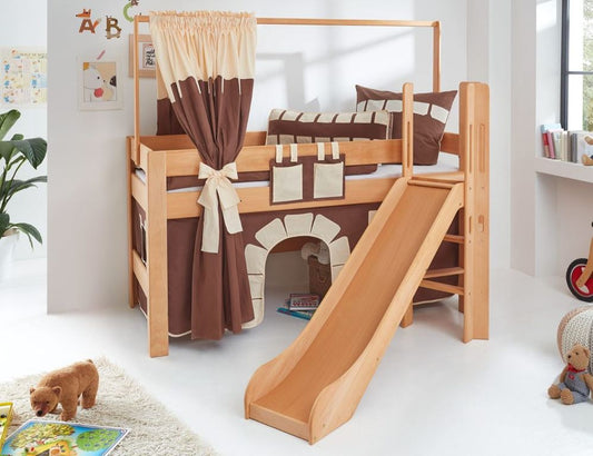 Hochbett LEO Kinderbett mit Rutsche Spielbett Bett Natur geölt Stoffset Burg - Froschkönig24