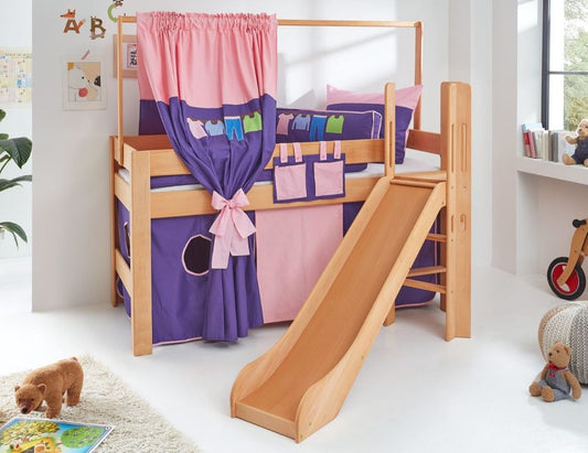 Hochbett LEO Kinderbett mit Rutsche Spielbett Bett Natur geölt Rosa/Violett - Froschkönig24