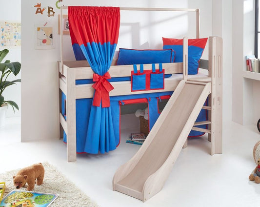 Hochbett LEO Kinderbett mit Rutsche Spielbett Bett Natur Stoffset Blau/Rot - Froschkönig24