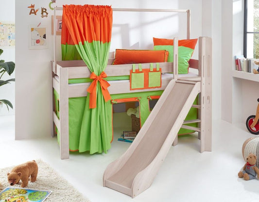 Hochbett LEO Kinderbett mit Rutsche Spielbett Bett Weiß Stoffset Grün/Orange - Froschkönig24