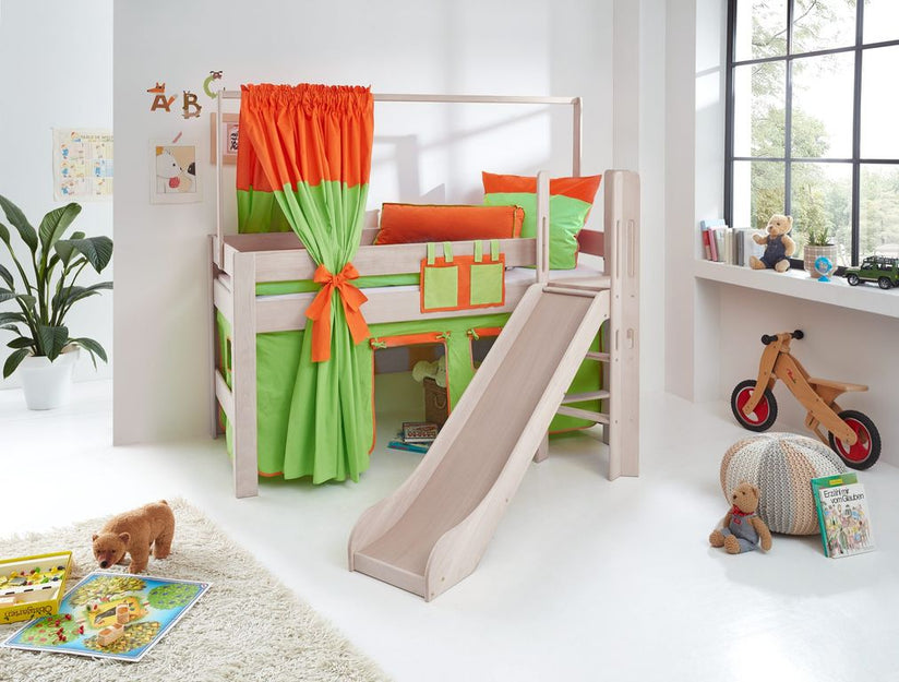 Hochbett LEO Kinderbett mit Rutsche Spielbett Bett Weiß Stoffset Grün/Orange - Froschkönig24