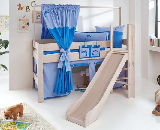 Hochbett LEO Kinderbett mit Rutsche Spielbett Bett Weiß Stoffset Blau/Delfin - Froschkönig24