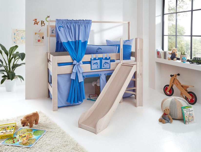 Hochbett LEO Kinderbett mit Rutsche Spielbett Bett Weiß Stoffset Blau/Delfin - Froschkönig24