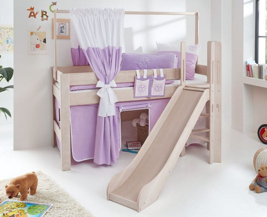 Hochbett LEO Kinderbett mit Rutsche Spielbett Bett Weiß Stoffset Lila/Weiß - Froschkönig24