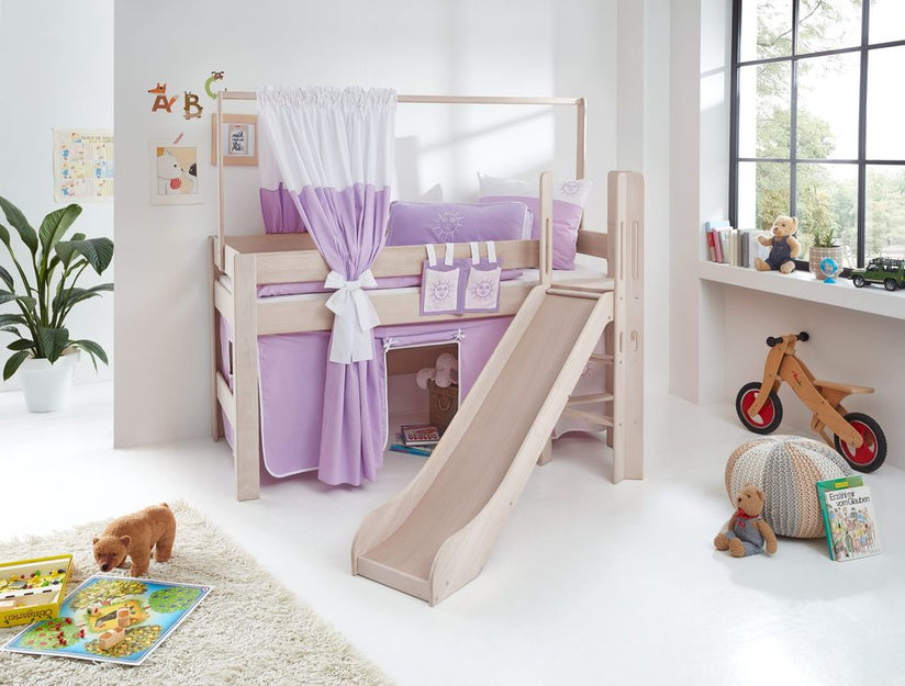 Hochbett LEO Kinderbett mit Rutsche Spielbett Bett Weiß Stoffset Lila/Weiß - Froschkönig24