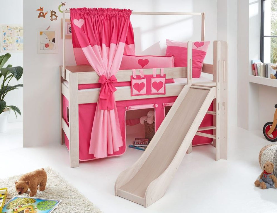 Hochbett LEO Kinderbett mit Rutsche Spielbett Bett Weiß Stoffset Pink/Herz - Froschkönig24